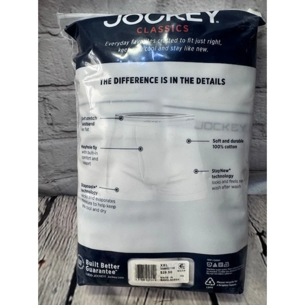 Jockey Classics Mens 3 Pack 100% Cotton Full Rise Boxer Briefs‎ White 2XL 44-46